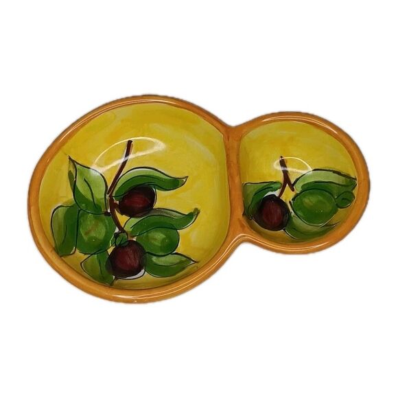 Olive Dish Two Section Yellow  Handpainted Olives Leaves Branches Made In Italy - Picture 1 of 7